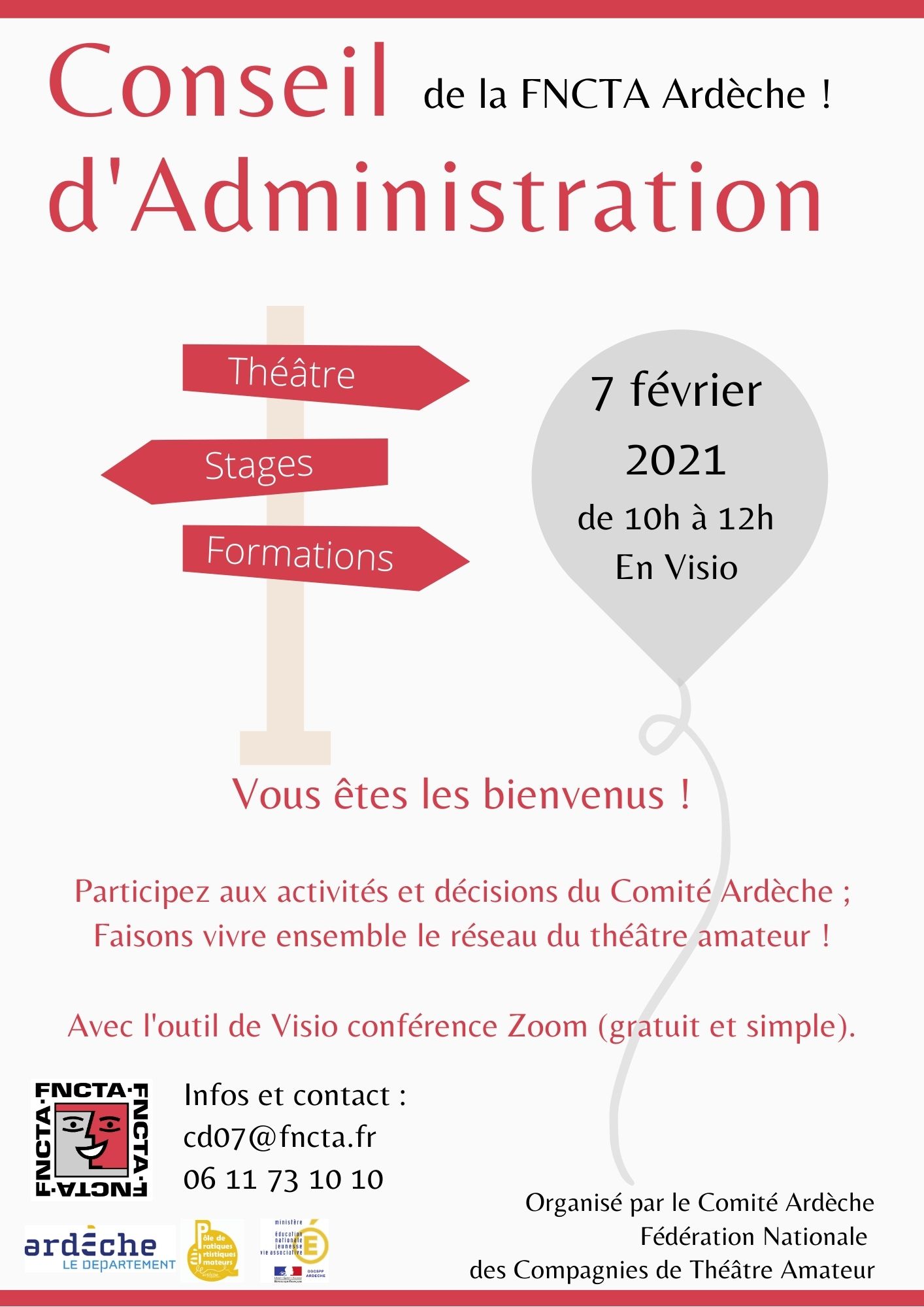 Conseil d'Administration de la FNCTA Ardèche – Dimanche 7 février 10h à 12h – Visio conférence