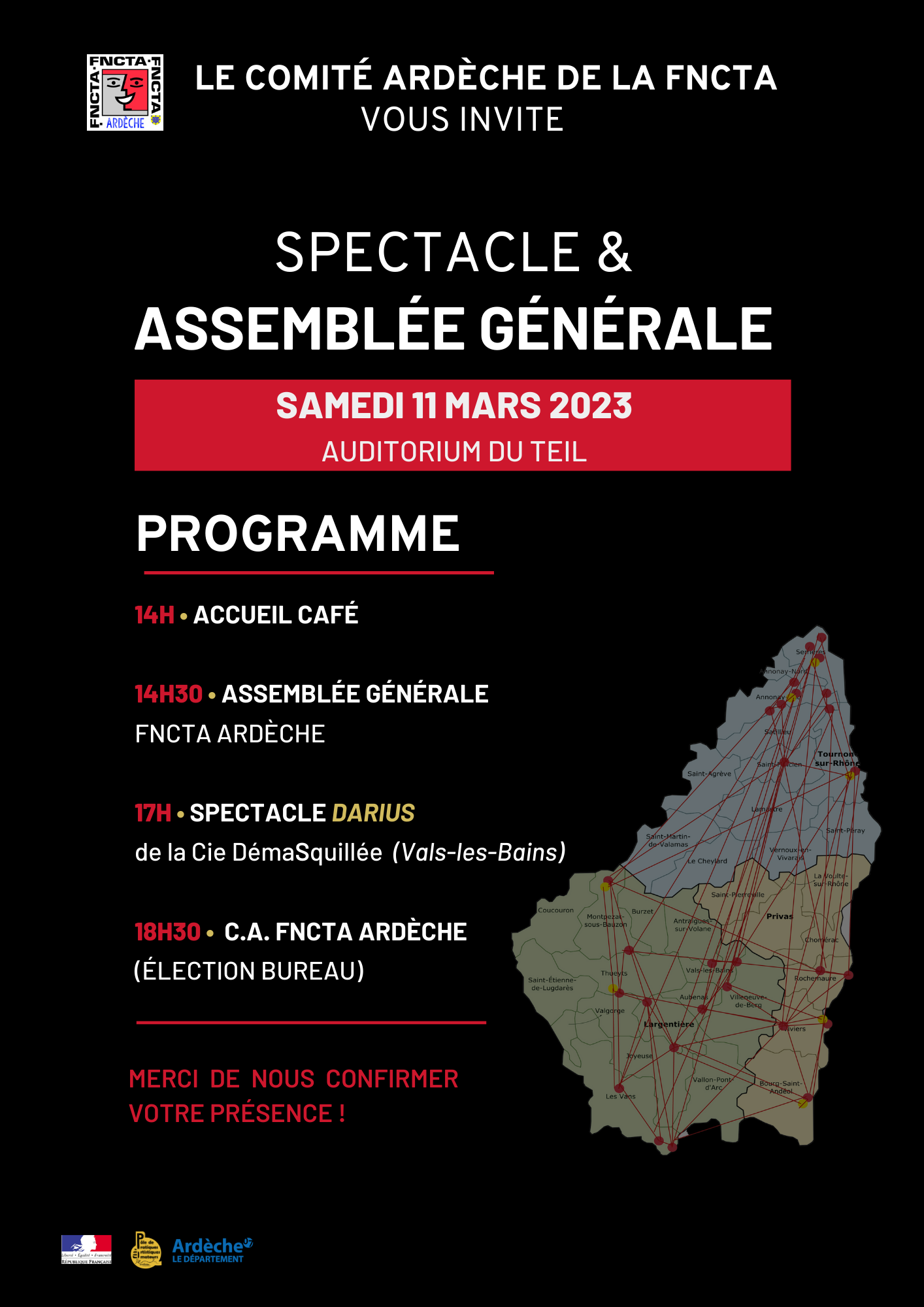 Le Comité Ardèche FNCTA vous invite à son AG et Spectacle le Samedi 11 mars 2023