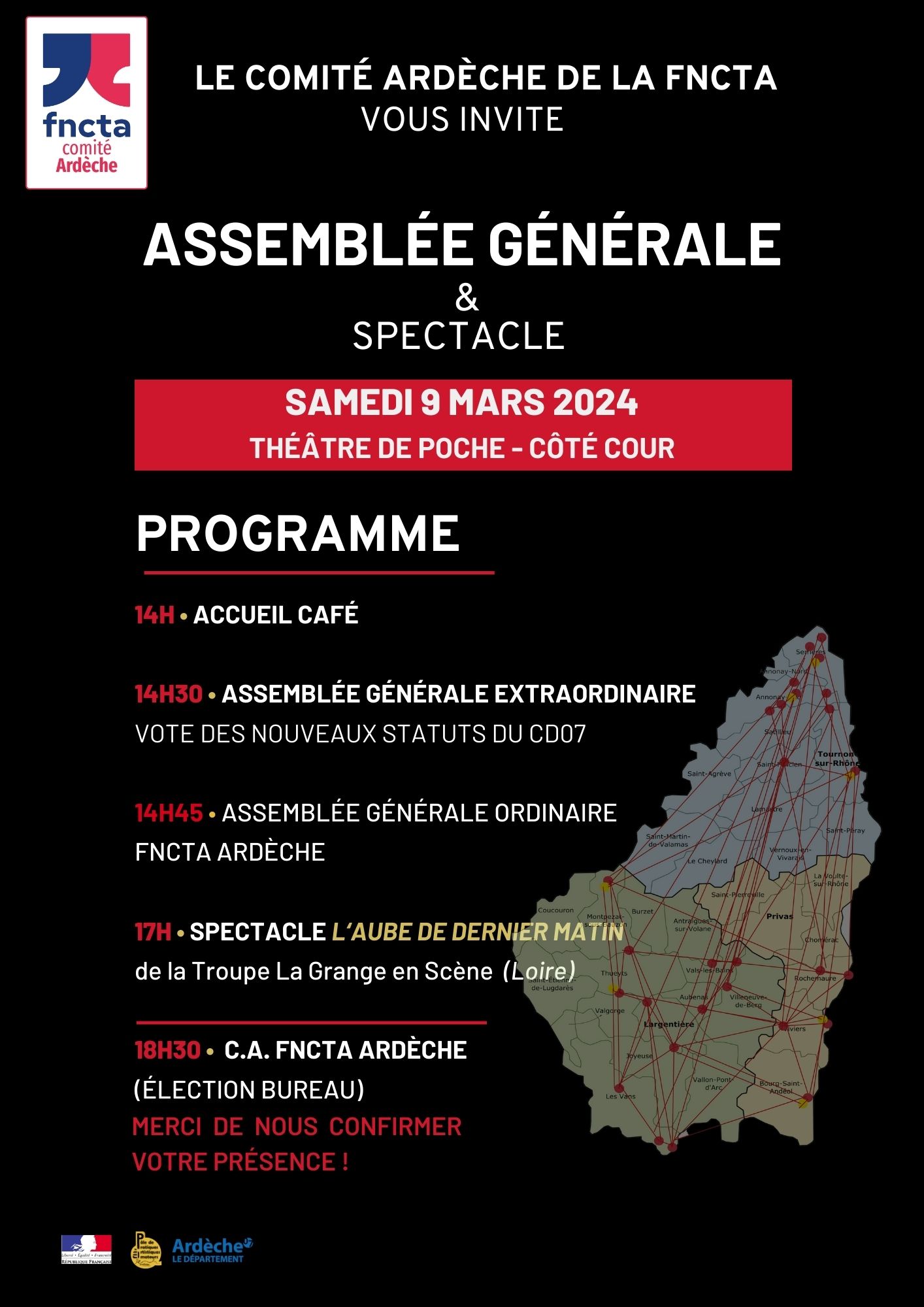 Le Comité Ardèche FNCTA vous invite à son AG et Spectacle le Samedi 9 mars 2024